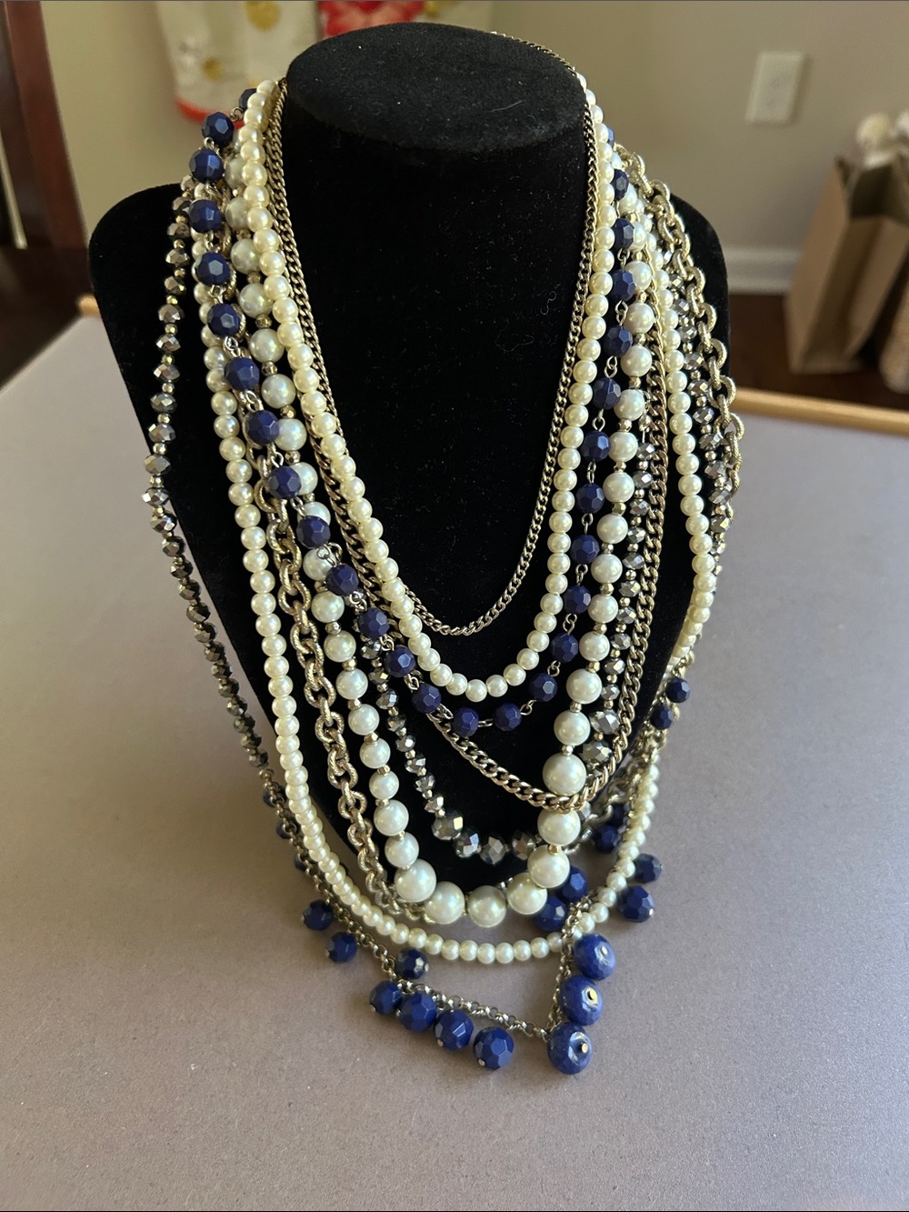 Ann Taylor Multi-Strand Pearl and Navy Bead Necklace with Gold Chains